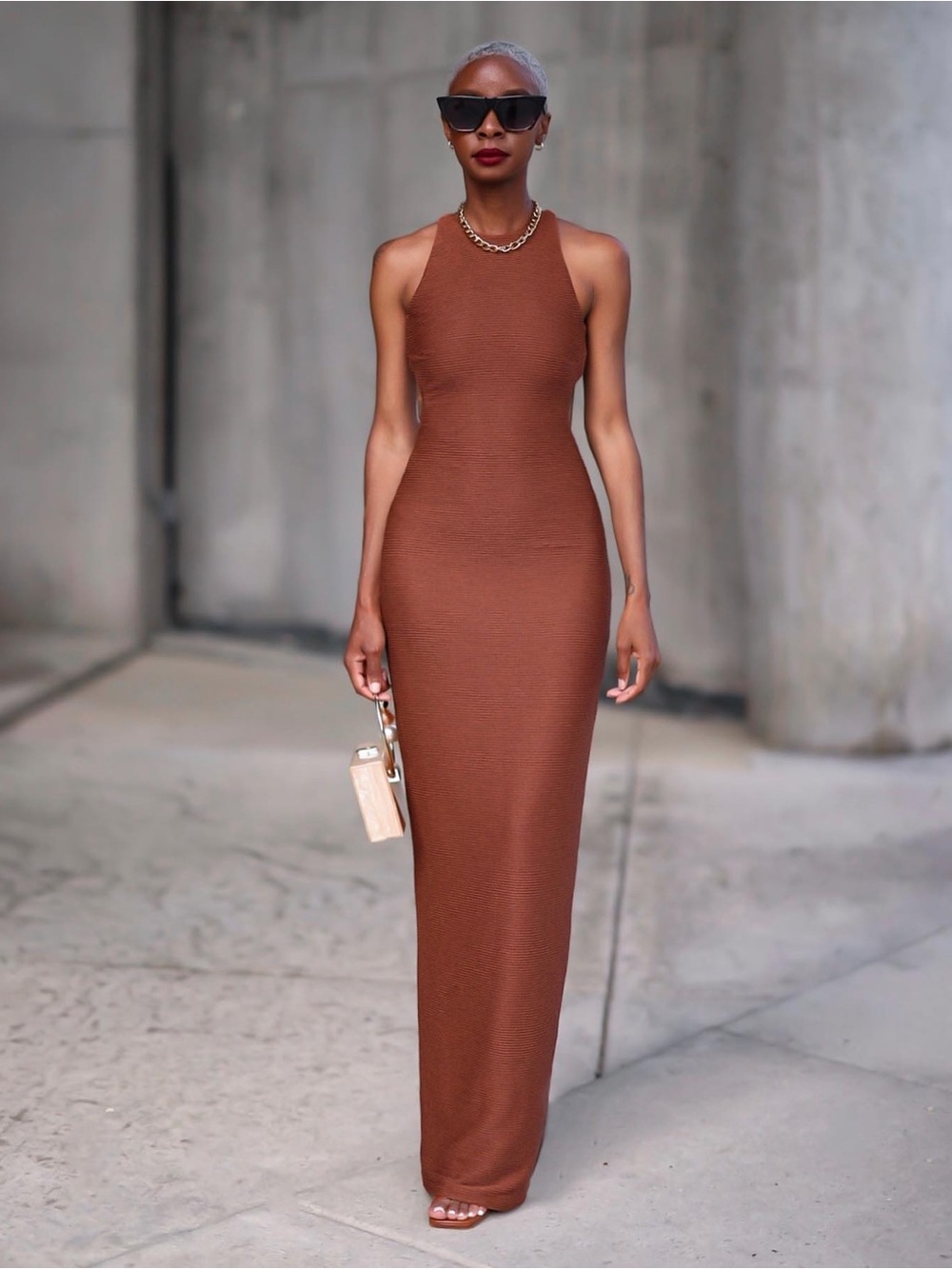 Backless Halter Maxi Dress in Warm Brown